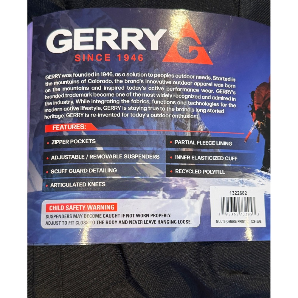NWT‎ Gerry Youth Snow Pants Black XS 5/6 Water Resistant Fleece Lined Ski Bibs - Picture 4 of 5